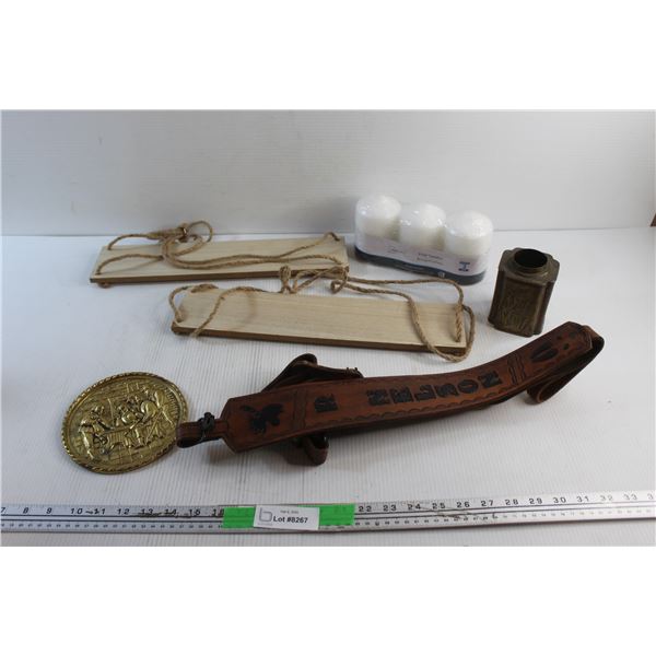 (2) Hanging Shelves, Brass Wall Decor, Candles, Leather Belt and Copper Tea Caddy - Missing Lid