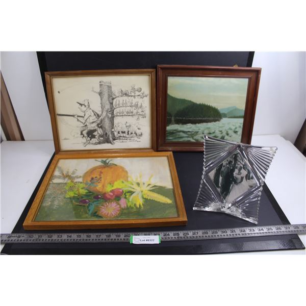 (3) Wood Framed Wall Art - Largest 17.5" x 13.5", Mikasa Starlet Glass Picture Frame 9" x 7"