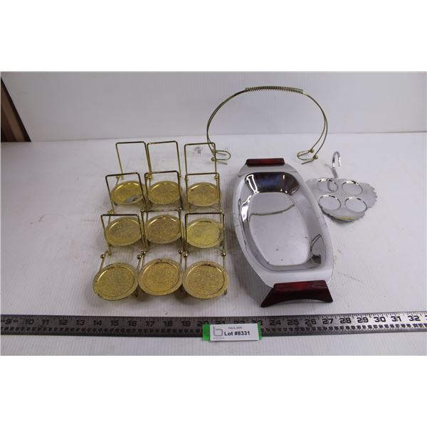 (9) Metal Candle Holders, (2) Metal Platters
