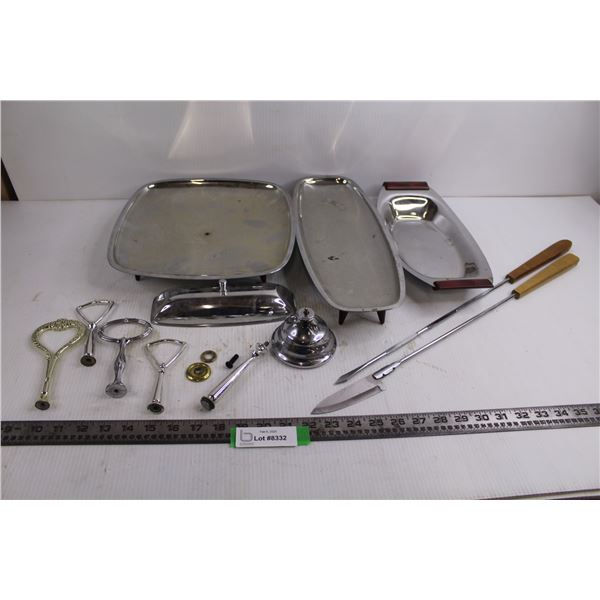 (3) Metal Platters with Variety Handles, (2) Long Handled Utensils