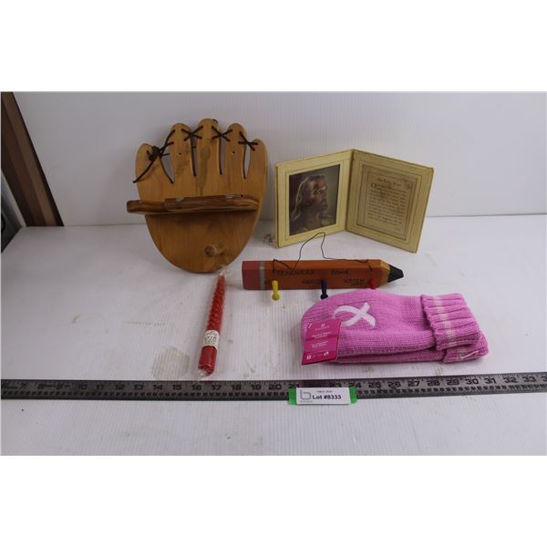 Wooden "Ball Glove" Coat Hook, "Teacher's Mood Wooden Wall Art, Kootenay Pair of Pink Mittens - Unus