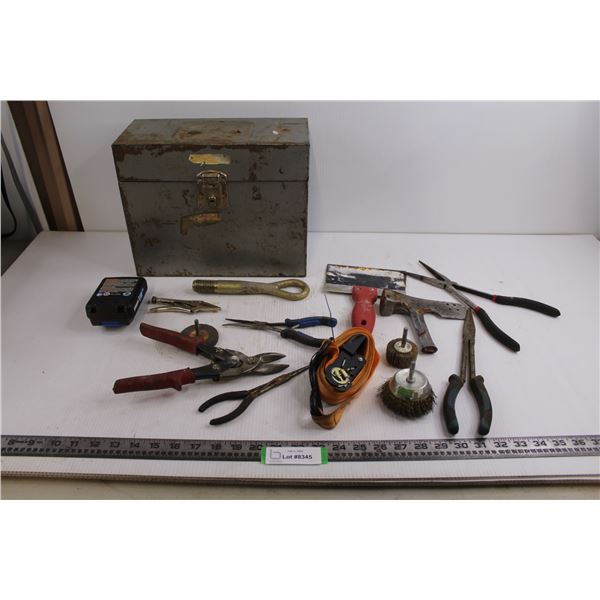 Assorted Tools (Pliers, Tin Snips, Drill Bits), Metal Tool Box - As is