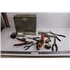 Image 1 : Assorted Tools (Pliers, Tin Snips, Drill Bits), Metal Tool Box - As is