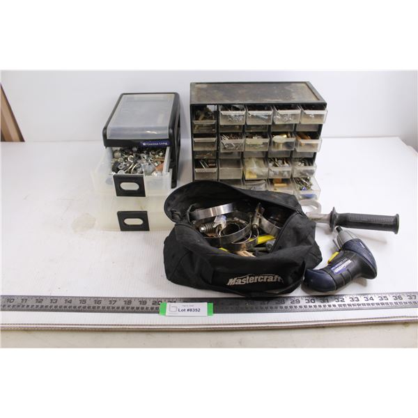 (2) Parts Organizers with Contents, Mastercraft Tool Bag with Contents, Mastercraft Cordless Power S