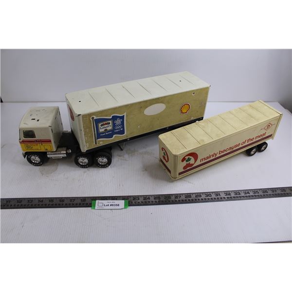 Children's Toy Semi Tractor with Two Trailers (Labatt's, Mac Tools, Shell, Dominion)