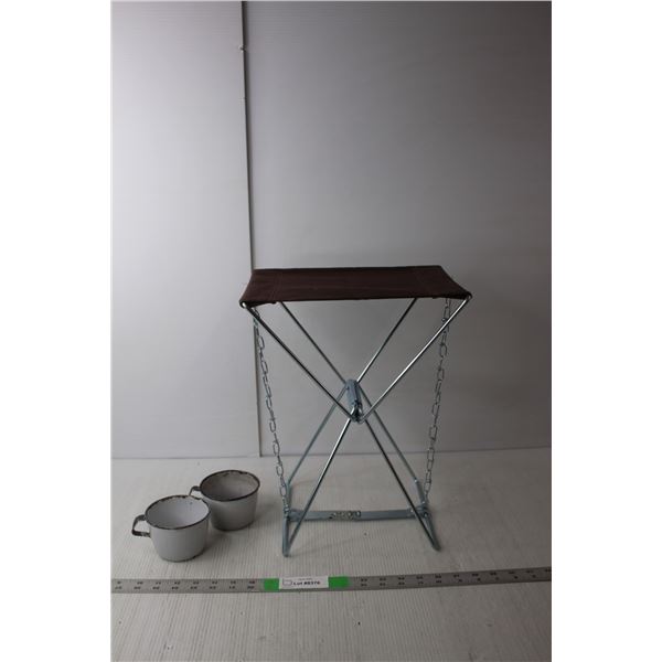 Portable Collapsible Stool & (2) Vintage Mugs