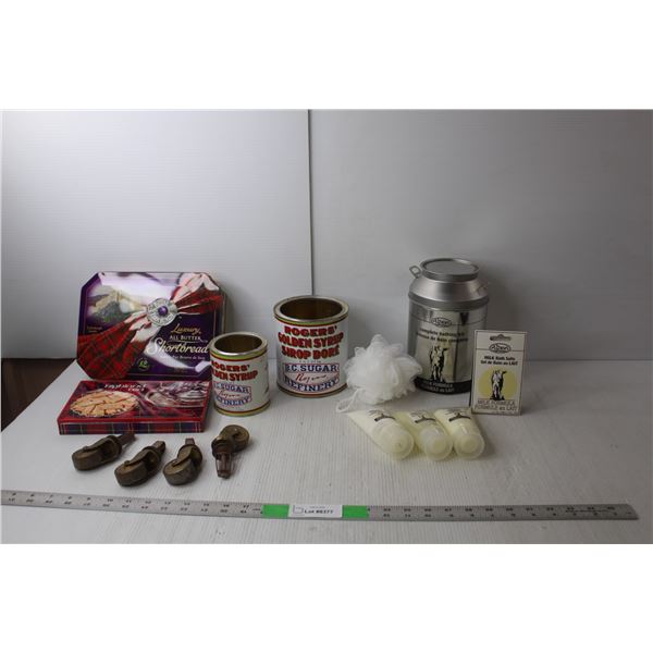 (4) Tins, (4) Vintage Castor Wheels, Alpen Milk Bath Kit