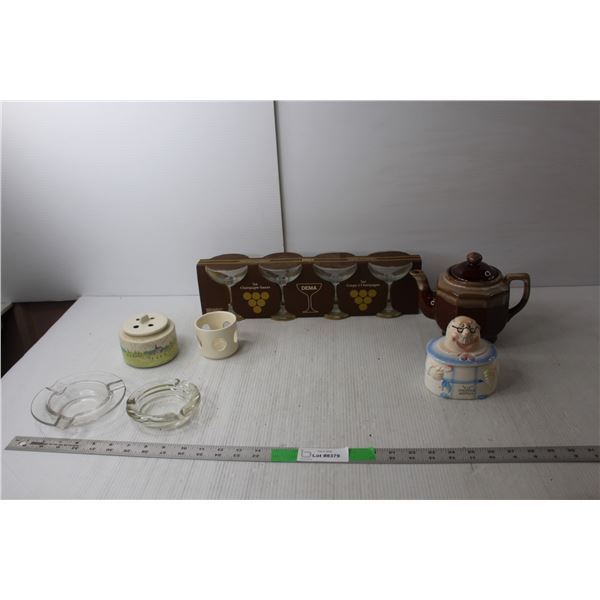 (2) Glass Ashtrays, Ceramic Denture Holder, (4) Champagne Glasses, Ceramic Tea Kettle, Misc.