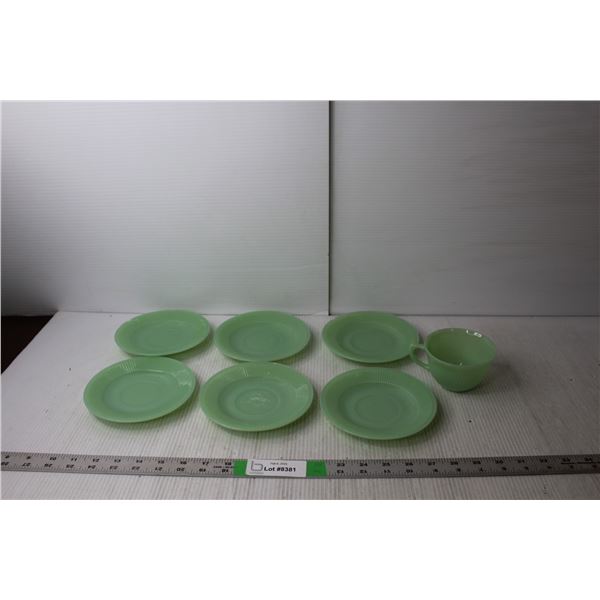 Fire King Jadeite Dishes - Tea Cup & (6) Bread Plates