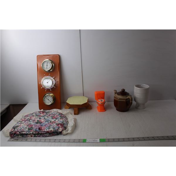 Tea Kettle Cover, Ceramic Vase and Teapot, Miniature Wood Table, Sunbeam Meteorological Station- As 