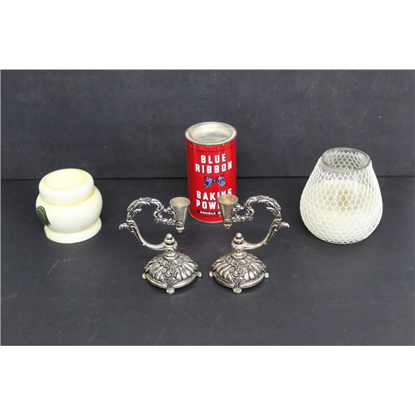 (4) Candleholders and Blue Ribbon Tin