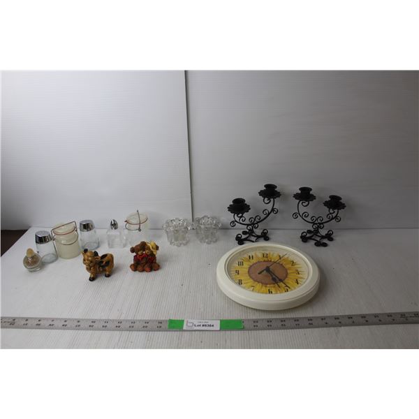 8.5" Sunflower Clock (Needs Battery), (6) Candleholders, (6) Salt & Pepper Shakers, Misc.