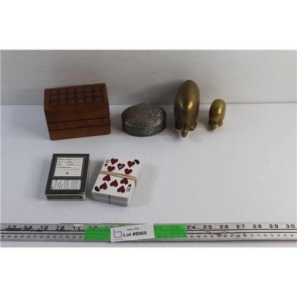 (2) Brass Elephant Statues, Playing Cards and (2) Jewelry Boxes