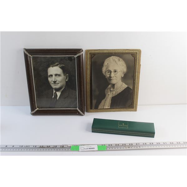 Framed Man Portrait 12'' 9 1/2'', Gucci Bracelet Case - Authenticity Not Guaranteed and Lady Portrai