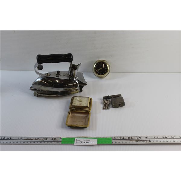 Vintage HotPoint Iron, Westclox & Monroe Travel Clocks and Lock