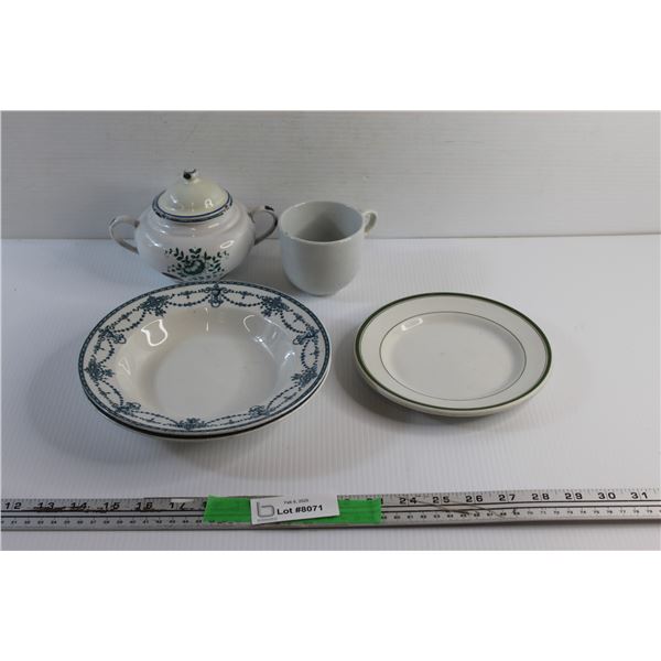 (3) Ceramic Dining Plates, Mug and Enamel Sugar Dish