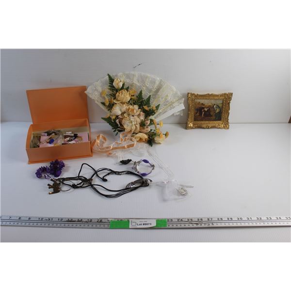 Miniature Fan, Framed Farm Art Print 6'' x 5 1/2'', Assorted Jewelry, Perfume Samples and Misc.