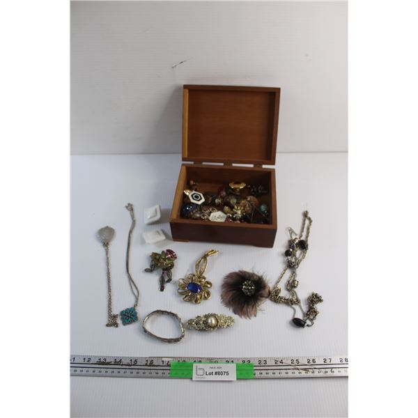 Wooden Jewelry Box, Necklaces, Bracelets, Tie Pins and Misc.