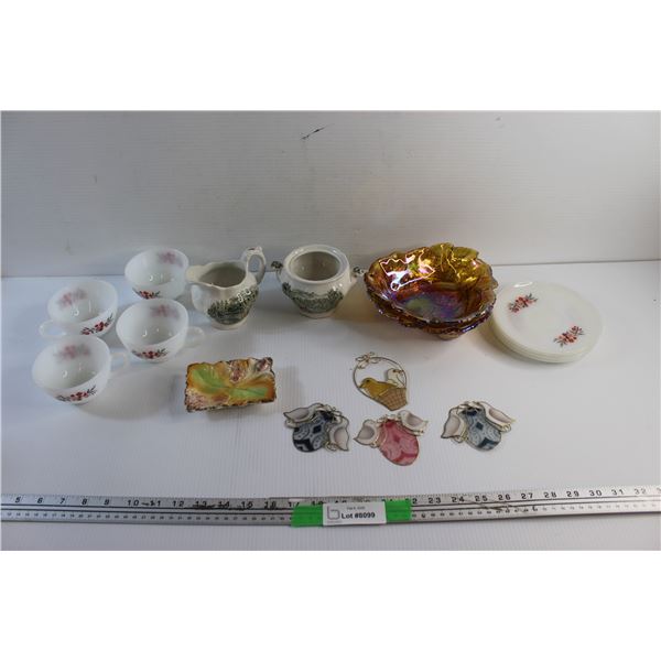 Ceramic Ridgeway Cream & Sugar Set, Milk Glass Tea Cups & Saucers, Decorative Ashtray, Art Glass Bow