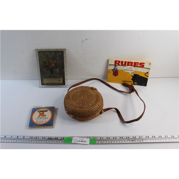Ladies Wicker Bag, Rubes Book by Leigh Rubin, XL Electric Guitar Strings and Floral Desk Decor