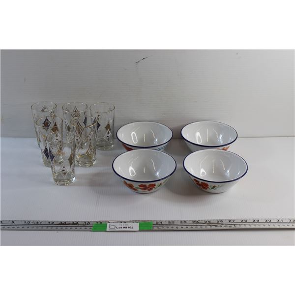 (4) 6'' Enamel Bowls and (6) Decorative Glass Cups