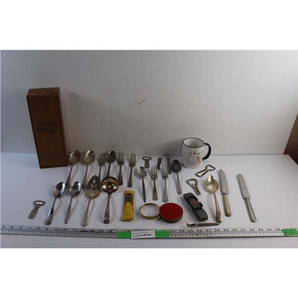 Spoons, Forks, Bottle Openers, Dining Knives, Magnifying Glass, Ceramic Mug and Misc.