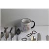 Image 8 : Spoons, Forks, Bottle Openers, Dining Knives, Magnifying Glass, Ceramic Mug and Misc.