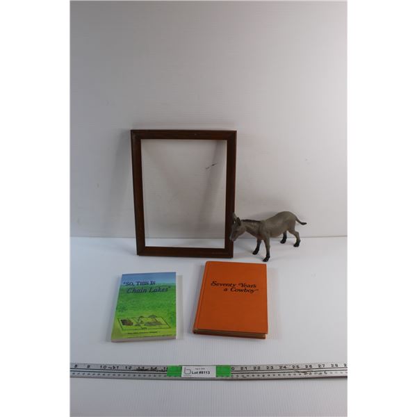 Photo Frame 13 1/2'' x 10 1/2''. Toy Donkey and (2) Books by Mary Ellen and Philip Sheridon Long