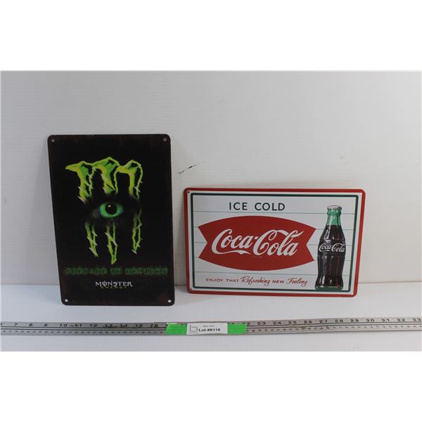 Coca Cola and Monster Energy Signs 12'' x 7''