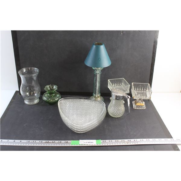 Kerosene Lamp, (4) Glass Platters, Vases, Sugar Dish and Goblets
