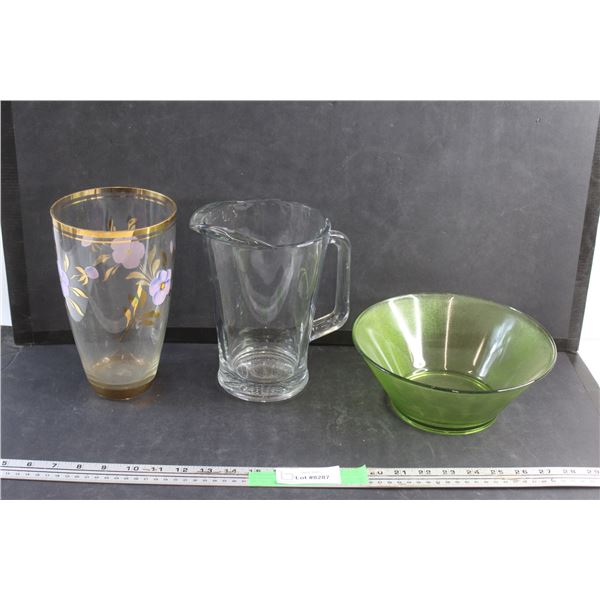 Decorative Glass Vase, Water Pitcher and Green Glass Bowl