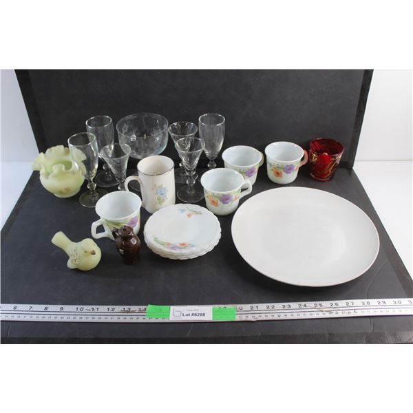 Glass Goblets, Saucers & Tea Cups, Dining Plate, Candle Cup, Anniversary Mug, Salt Shaker and Misc.