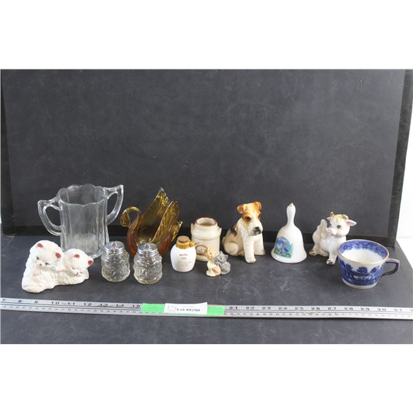 Porcelain Animal Figurines, Ceramic Bell, Salt & Pepper Shakers, Tea Cup, Amber Glass Candle Holder 