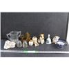 Image 1 : Porcelain Animal Figurines, Ceramic Bell, Salt & Pepper Shakers, Tea Cup, Amber Glass Candle Holder 