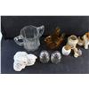 Image 5 : Porcelain Animal Figurines, Ceramic Bell, Salt & Pepper Shakers, Tea Cup, Amber Glass Candle Holder 