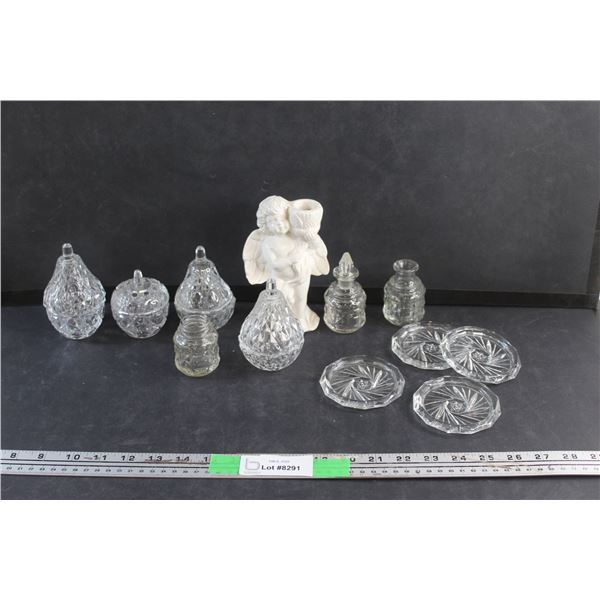 Glass Coasters. Jewelry Dishes, Perfume Bottles and Ceramic Angel Candle Holder