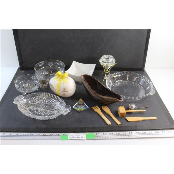 Glass Candy Dishes, Divided Serving Dish, Diamond Shaped Candle Holder, Gravy Boat and Misc.