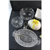 Image 2 : Glass Candy Dishes, Divided Serving Dish, Diamond Shaped Candle Holder, Gravy Boat and Misc.