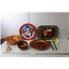 Image 1 : (3) Serving Trays, (5) Wood Bowls, Bell, Serving Utensils