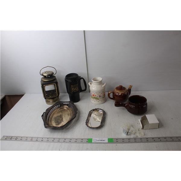 (2) Trays, (3) Ceramic Pots, Vintage Kerosene Lamp, Misc.