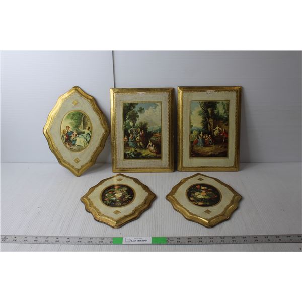 (5) Gold Colored Renaissance Style & Flower Paintings