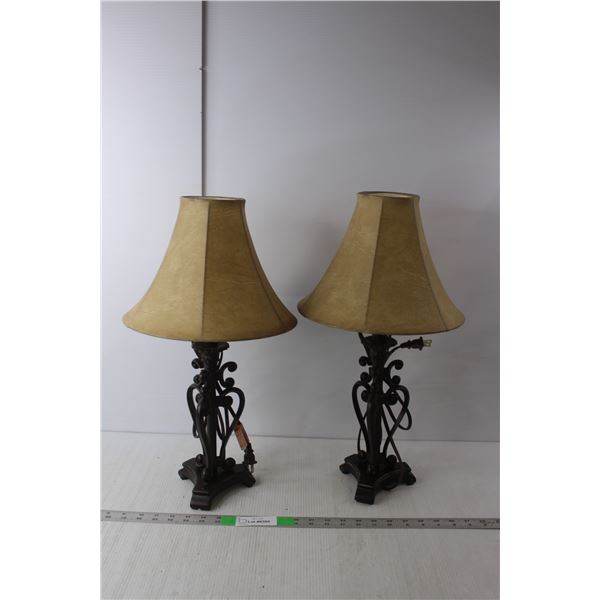 (2) Lamps with Tan Shades, Power On- No Bulbs 21" Tall