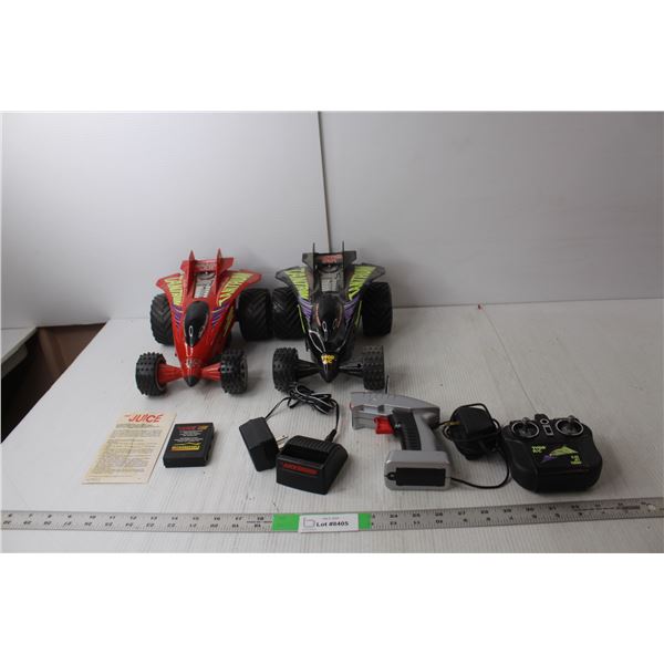 (2) Turbo Tantrum Race cars with Remotes (Need Batteries), Car Battery & Charger (Powers On)