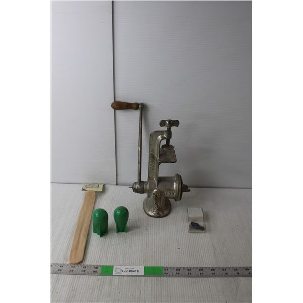 Keystone Meat Grinder, Reproduction Miniature Duck Oil Lamp, Salt & Pepper Shakers, Incense Holder