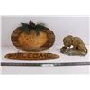 Image 1 : Wood Carving "Welcome" Sign 15" x 15" Approx, Ceramic Lion Killing Snake Figurine 8" Length 6.5" Hei