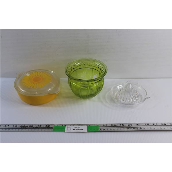 Pyrex Lidded Casserole, Green Glass Bowl and Juicer