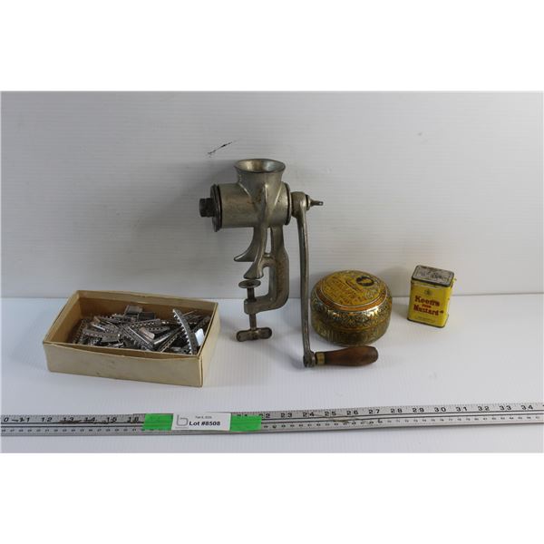 Vintage Perm Rods and Hair Clips, Manual Meat Grinder and Tins