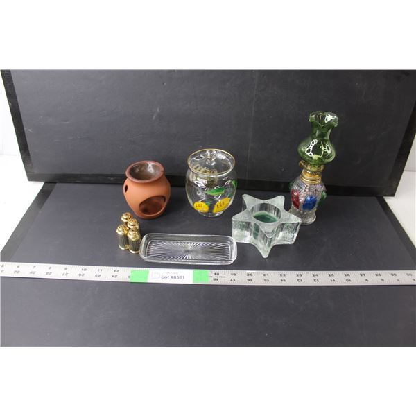 Miniature Glass Kerosene Lamp, (2) Salt & Pepper Shaker Sets, Glass Candle Holder, Misc.