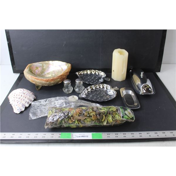 Glass Salt & Pepper Shakers, Butter Dish, (3) Silver Trays, Shell Storage Container, Misc.