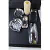 Image 2 : Glass Salt & Pepper Shakers, Butter Dish, (3) Silver Trays, Shell Storage Container, Misc.